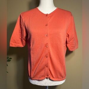 EUC Cardigan: Short-Sleeved, Coral, Button-Up, Ribbed, Crew Neck